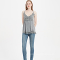 women spaghetti top washed grey color lace hem elegant sexy V neck girl lace camisole with flared edge